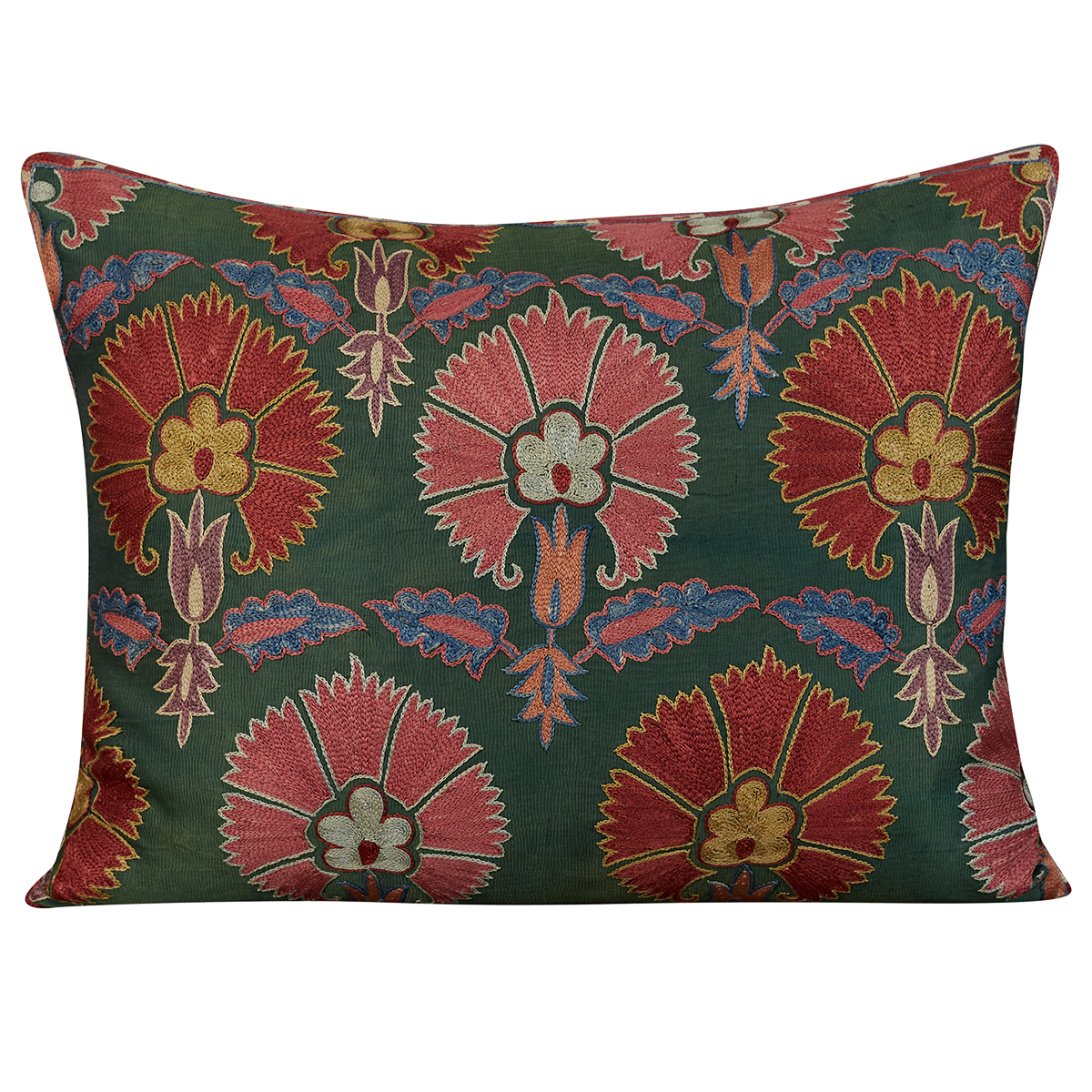 Rectangular silk suzani cushion with carnations on forest green ground