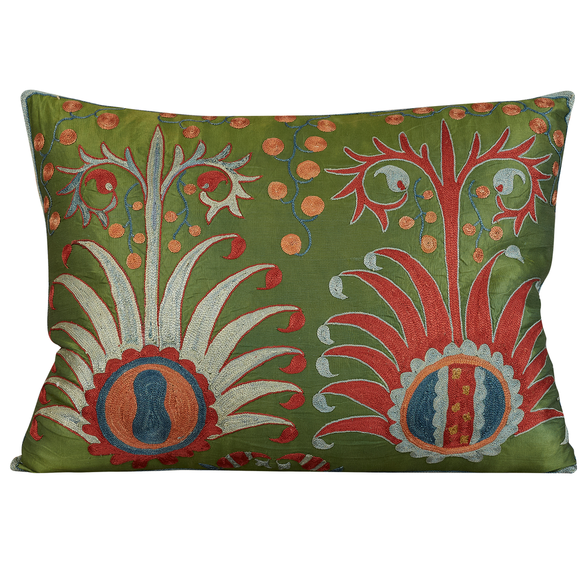 Rectangular stylised pomegranate floral design suzani on green silk ground