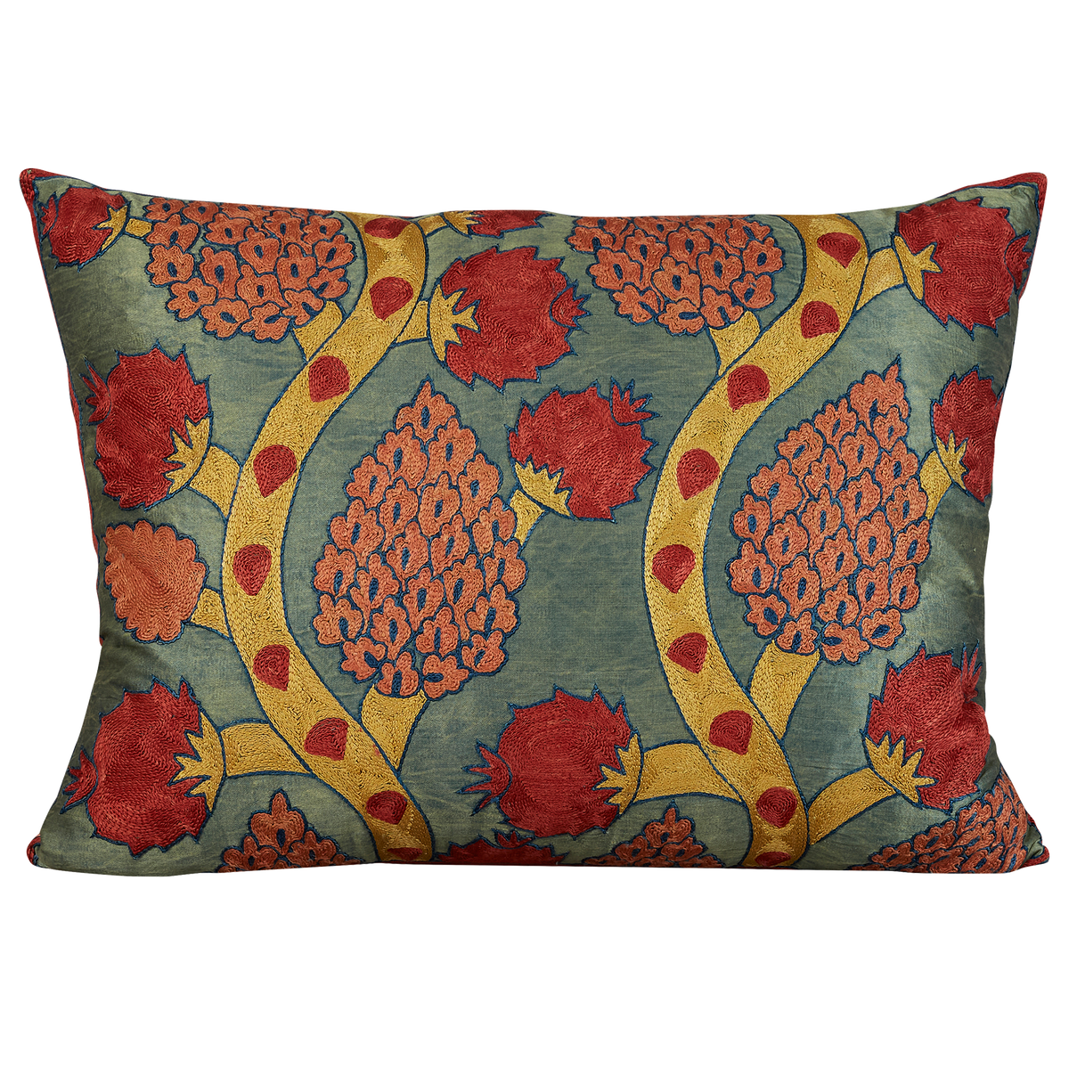 Rectangular pomegranate and flowering vine design suzani on sea foam silk ground