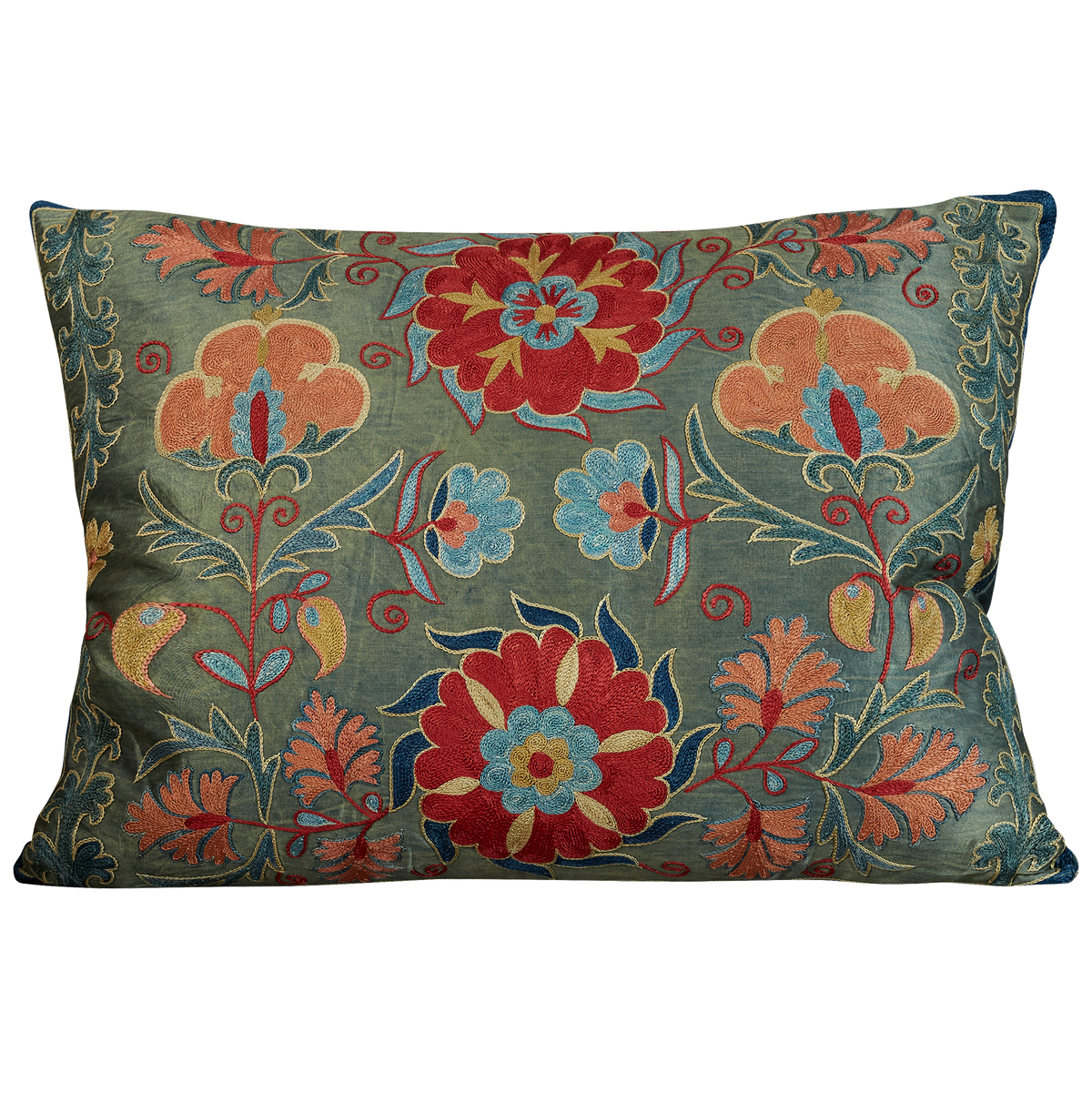 Rectangular pink and red floral design suzani on sea foam silk ground