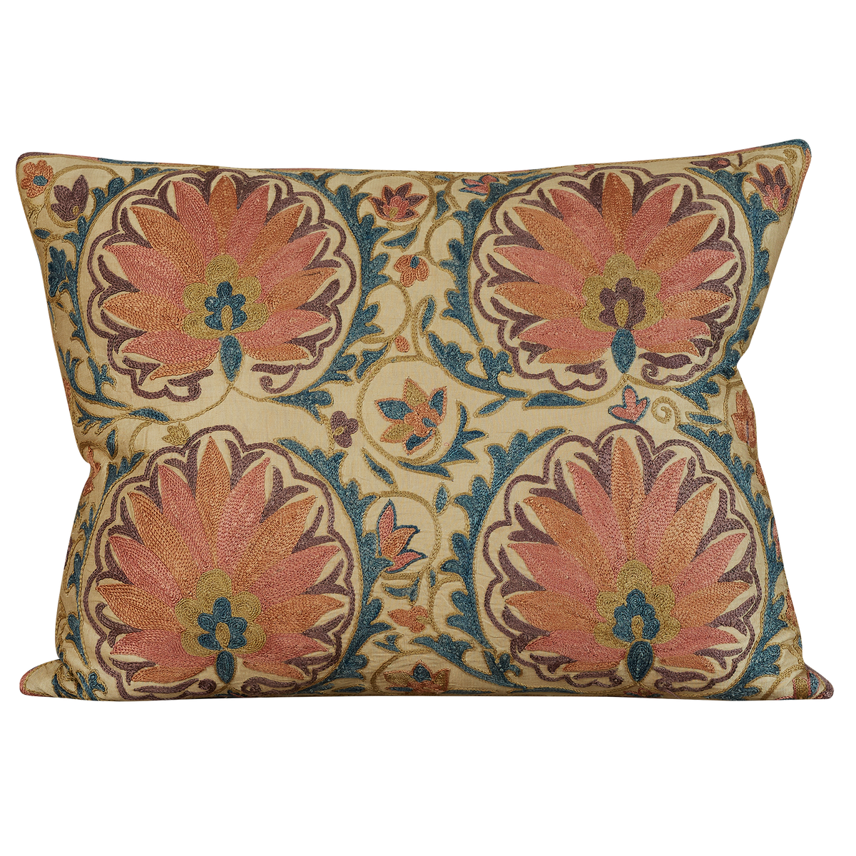 Rectangular pink and purple lotus floral design suzani on cream silk ground