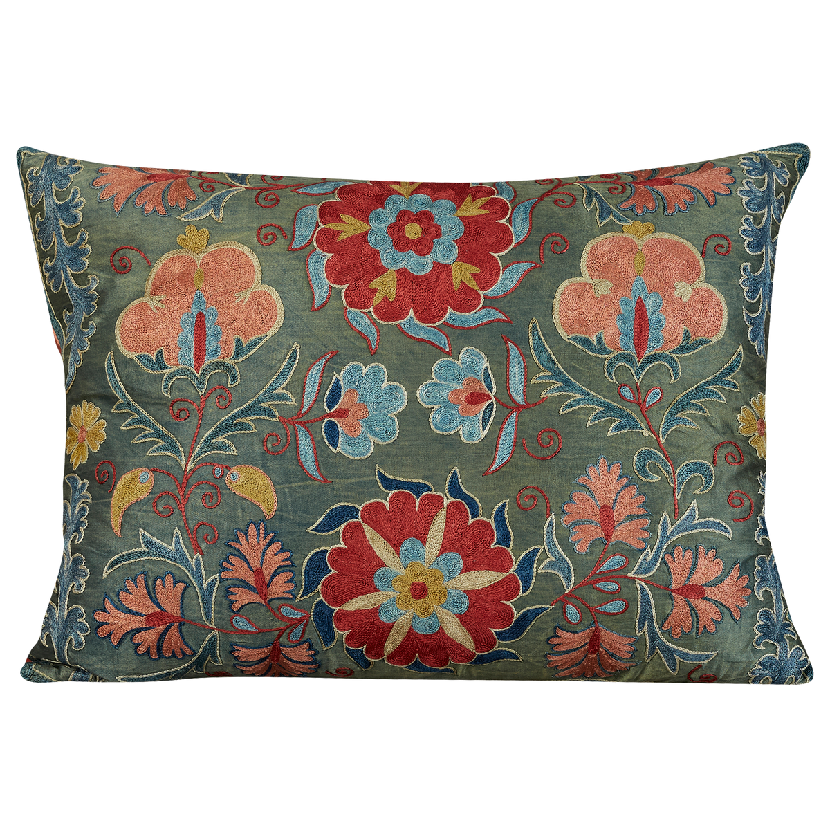 Rectangular pink and red floral design suzani on sea foam silk ground with pink silk back