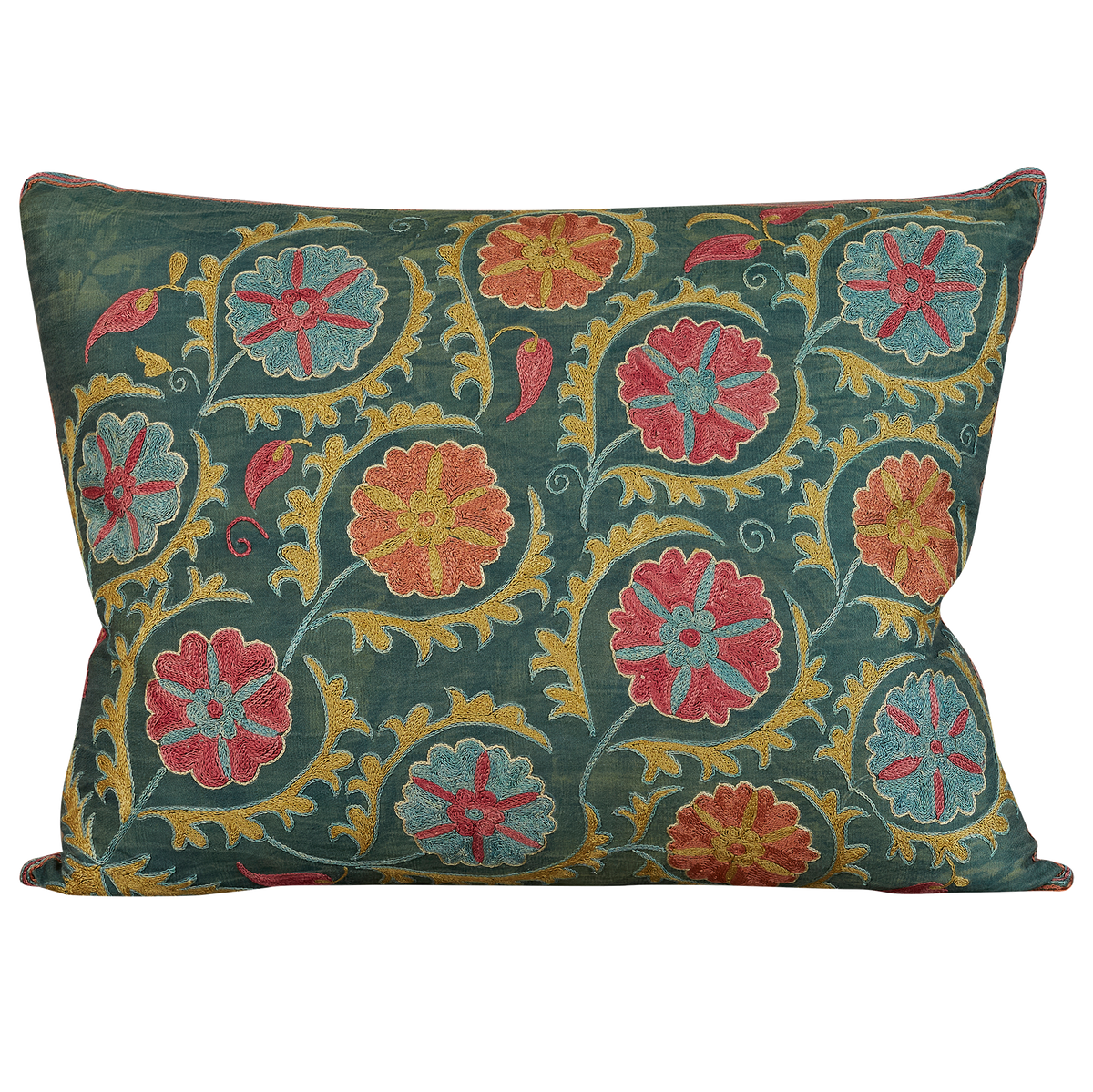 Rectangular all over symmetrical floral design suzani on green silk ground