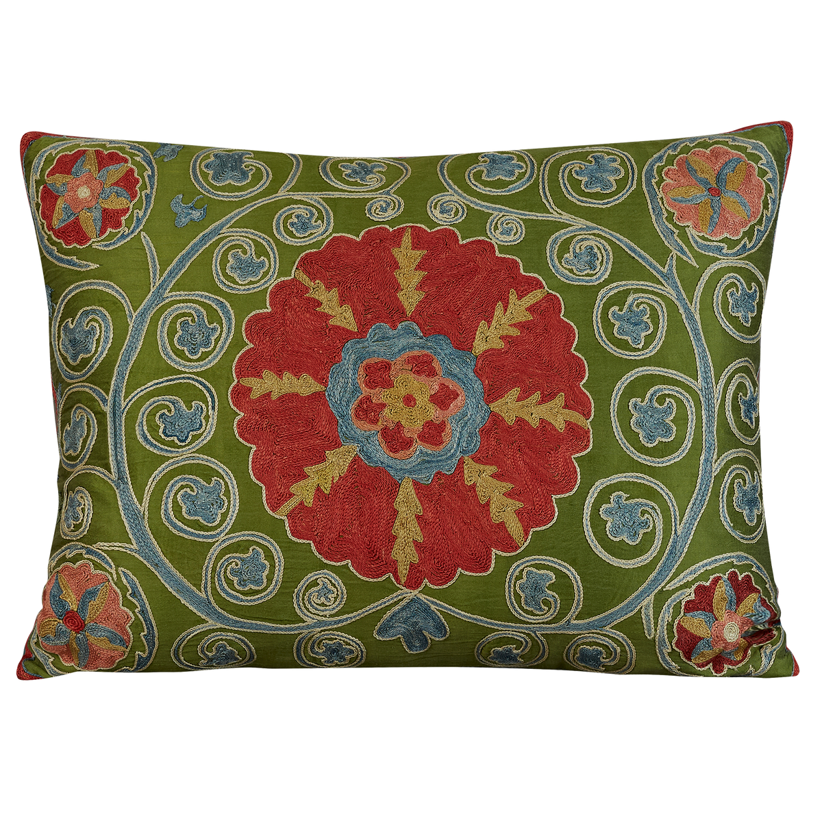 Rectangular red floral central medallion design suzani on green silk ground