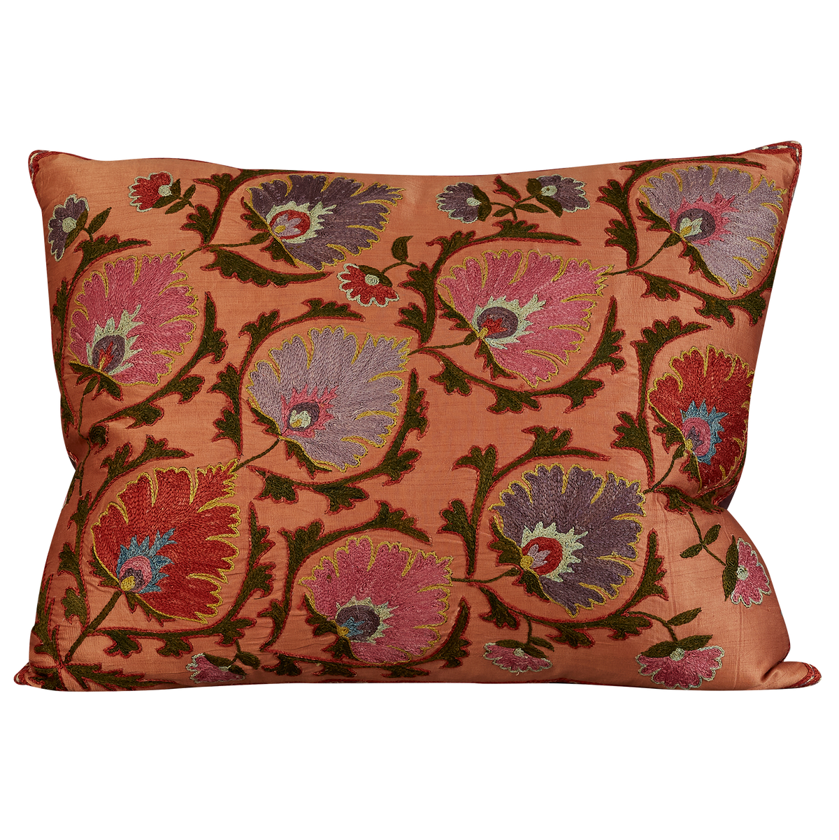 Rectangular stylised floral design suzani on pink silk ground