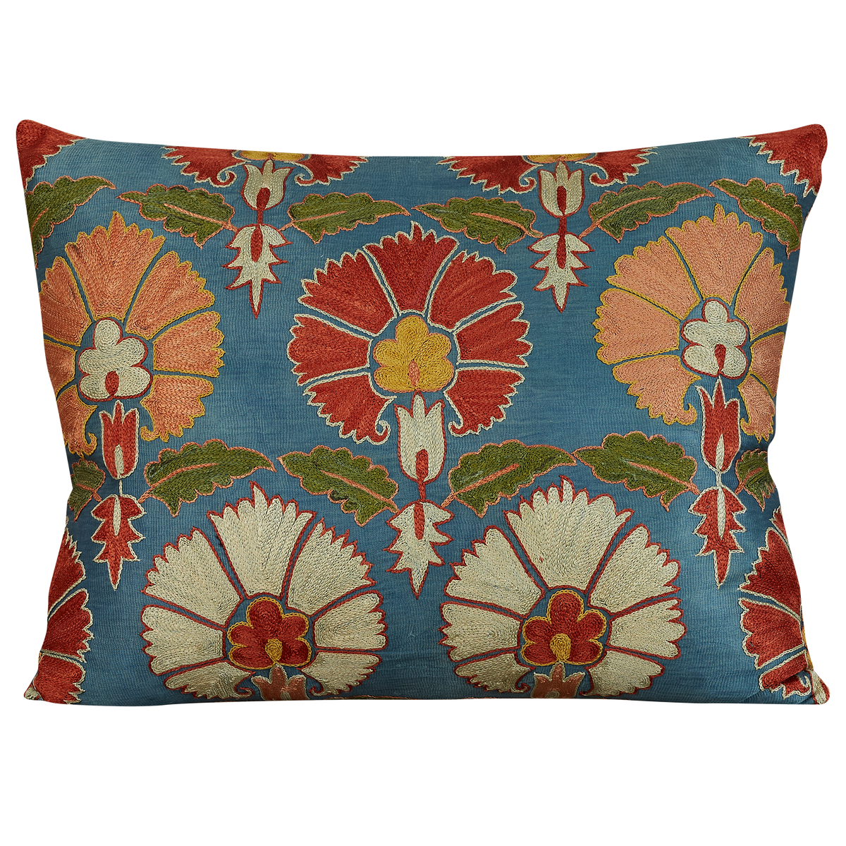 Rectangular carnation design suzani on blue silk ground
