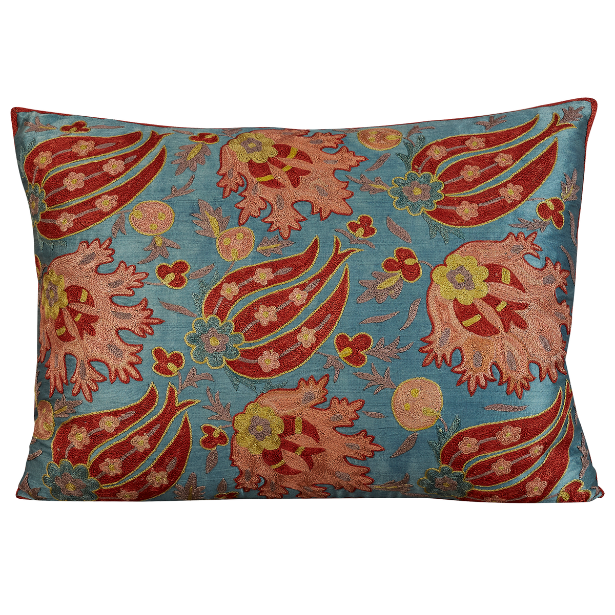 Rectangular red lotus and pink floral design suzani on blue silk ground
