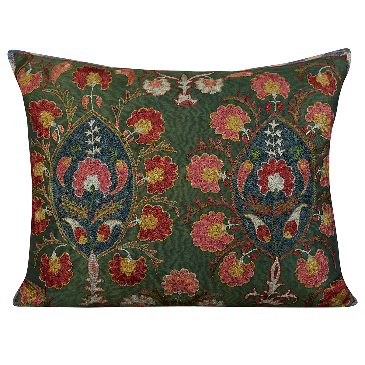 Rectangular silk suzani cushion with floral design  on forest green ground