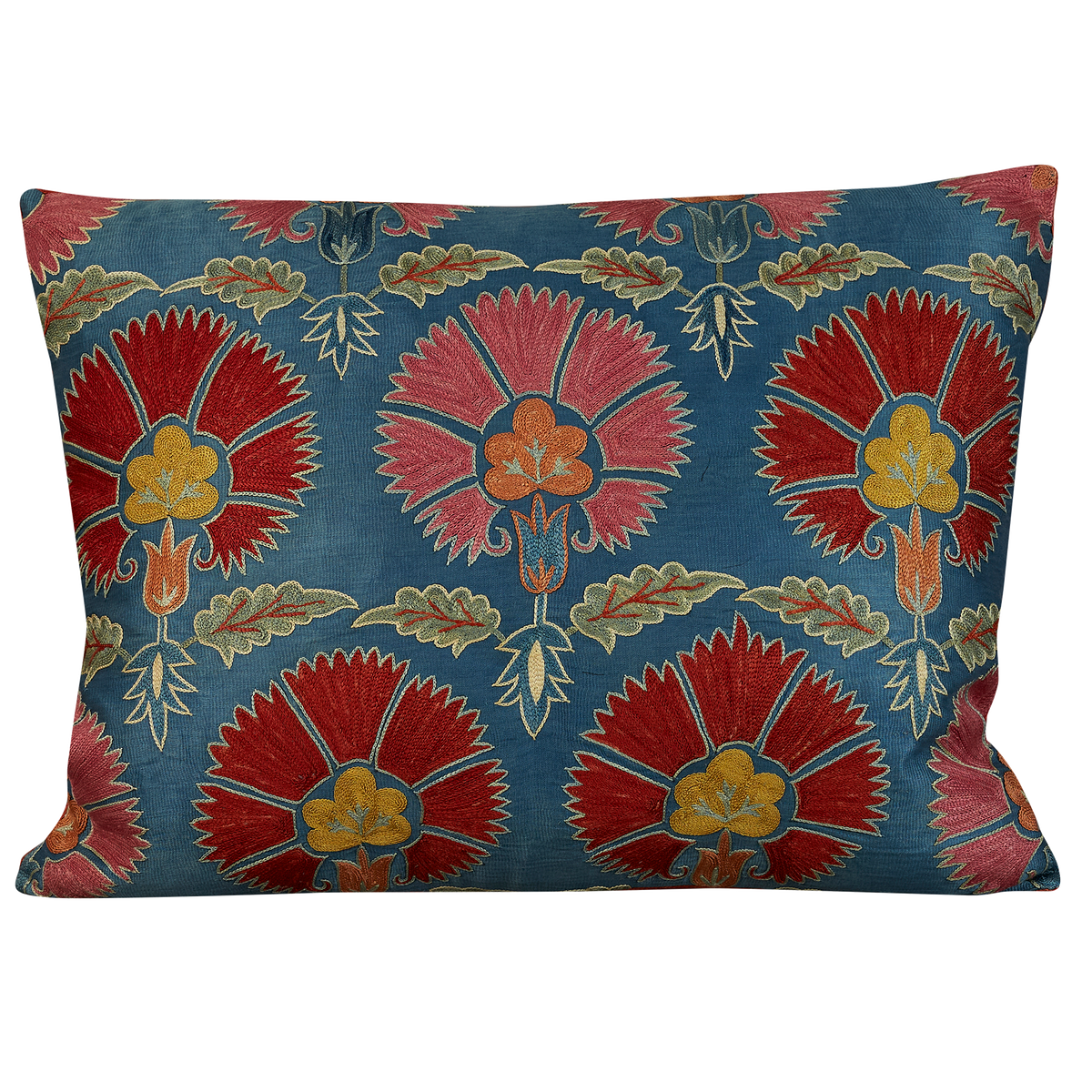 Rectangular red lotus and pink carnation design suzani on blue silk ground
