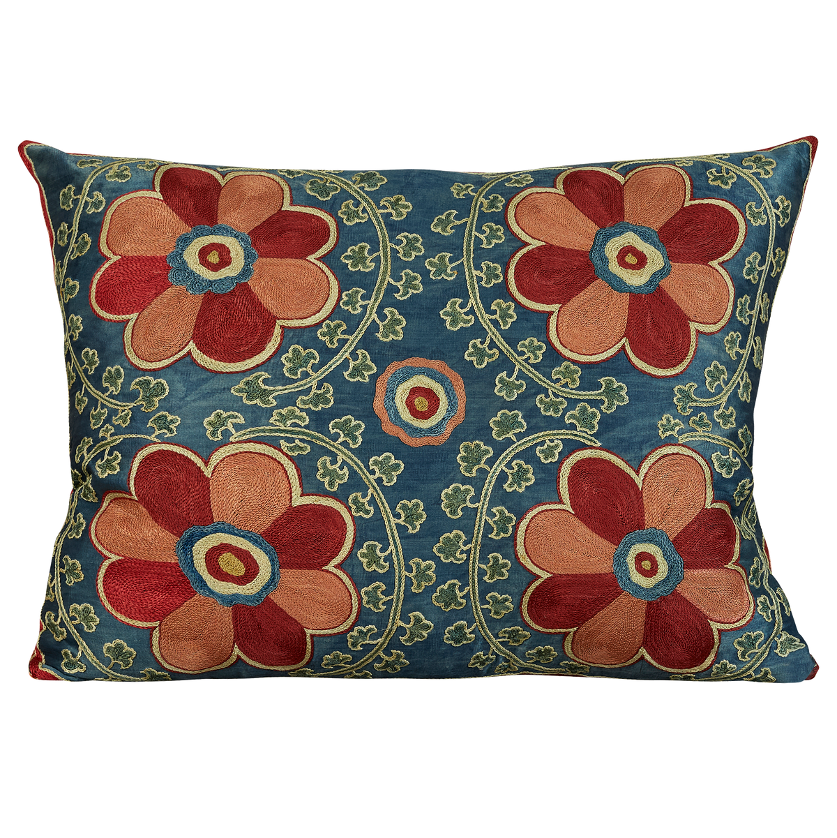 Rectangular red and pink large floral petal design suzani on blue silk ground