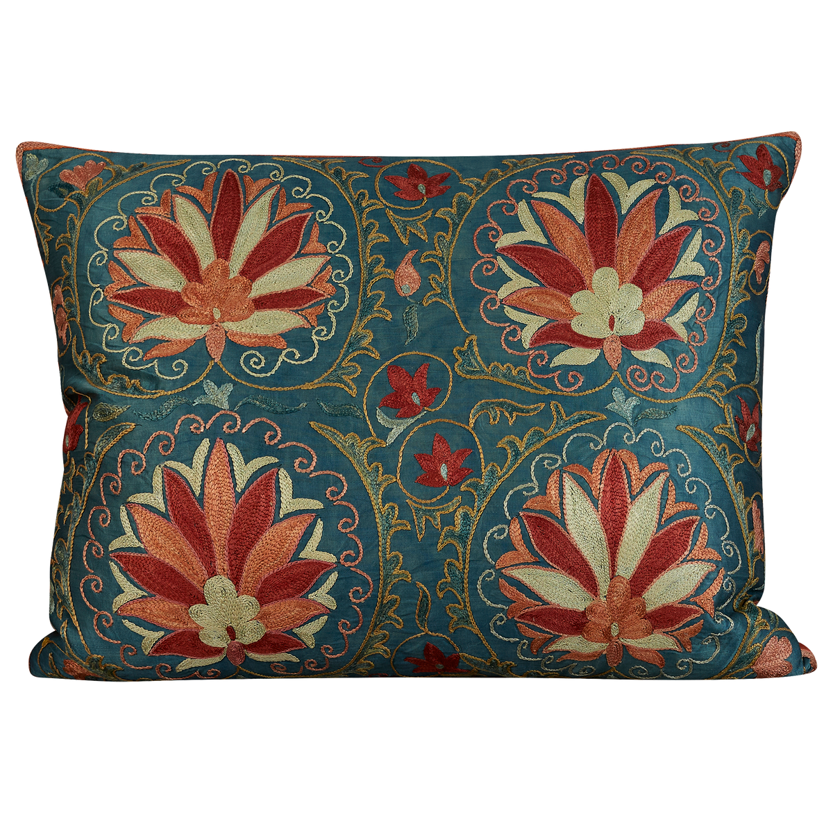 Rectangular large lotus red and pink design suzani on blue silk ground