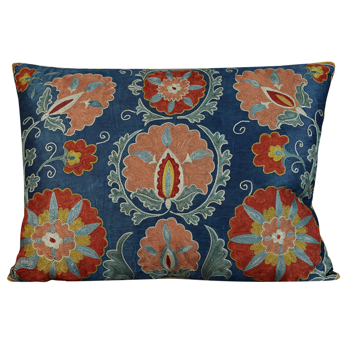 Rectangular multi coloured floral design suzani on dark blue silk ground