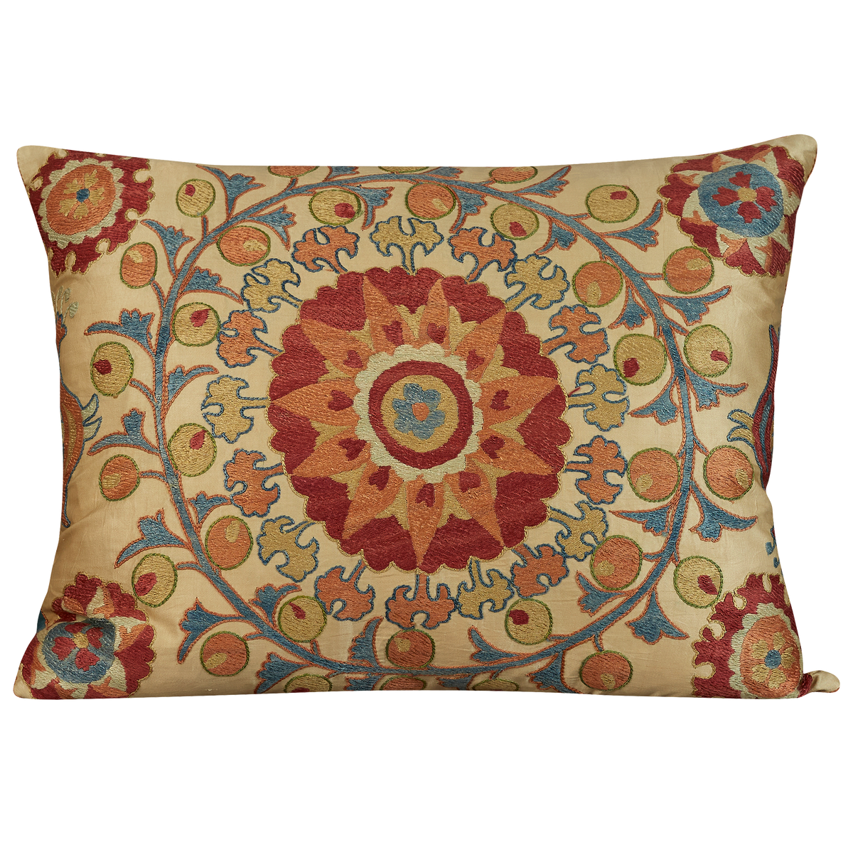 Rectangular pink and blue central flower medallion design suzani