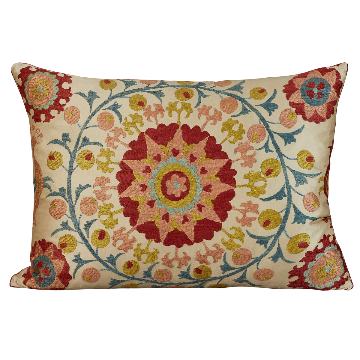 Rectangular pink and red central flower medallion design suzani with blue garland