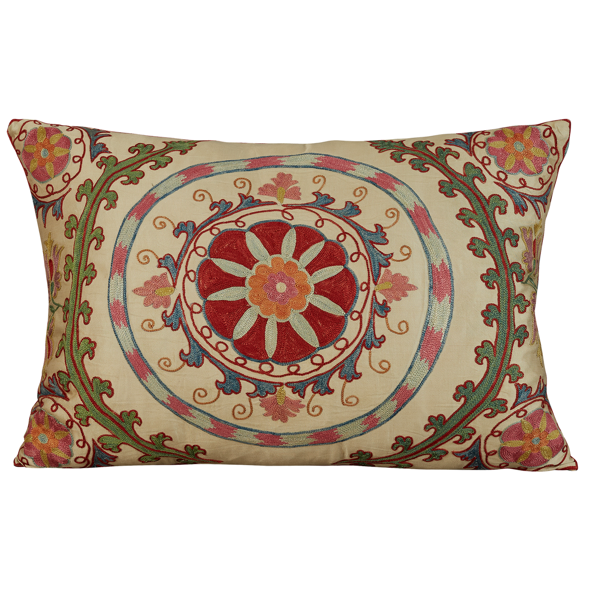 Rectangular red central flower medallion design suzani with green garland