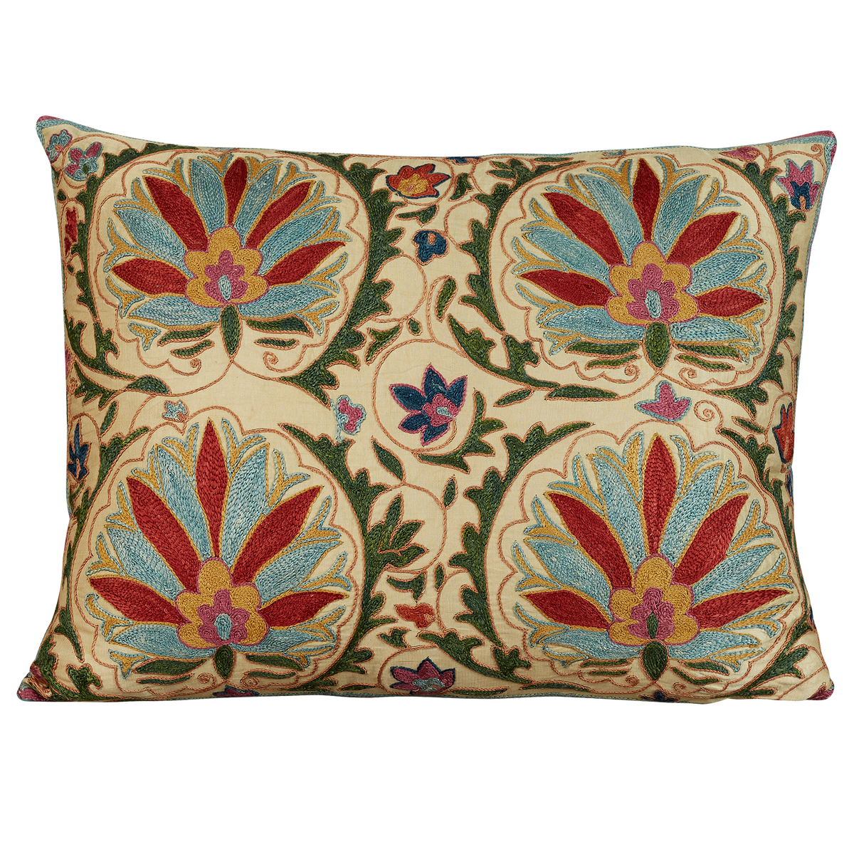 Rectangular floral lotus design suzani with green garland