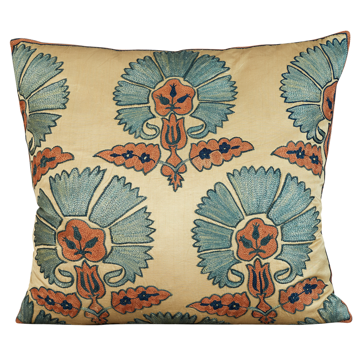 Square pink and blue carnation design suzani cushion and blue silk back