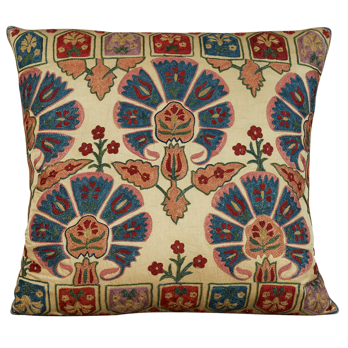 Square multi coloured carnation design suzani cushion