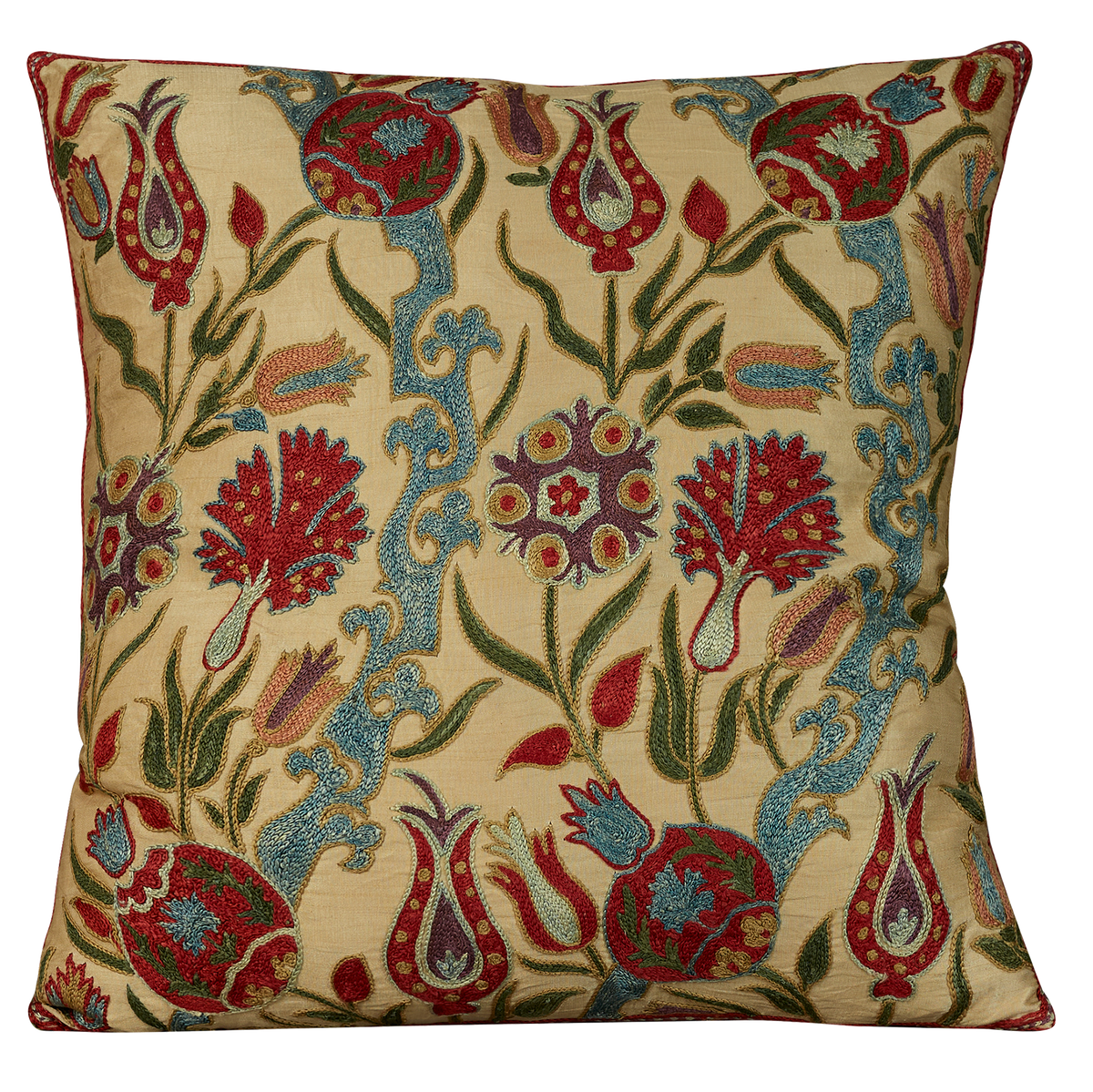 Square tulip and carnation design suzani cushion