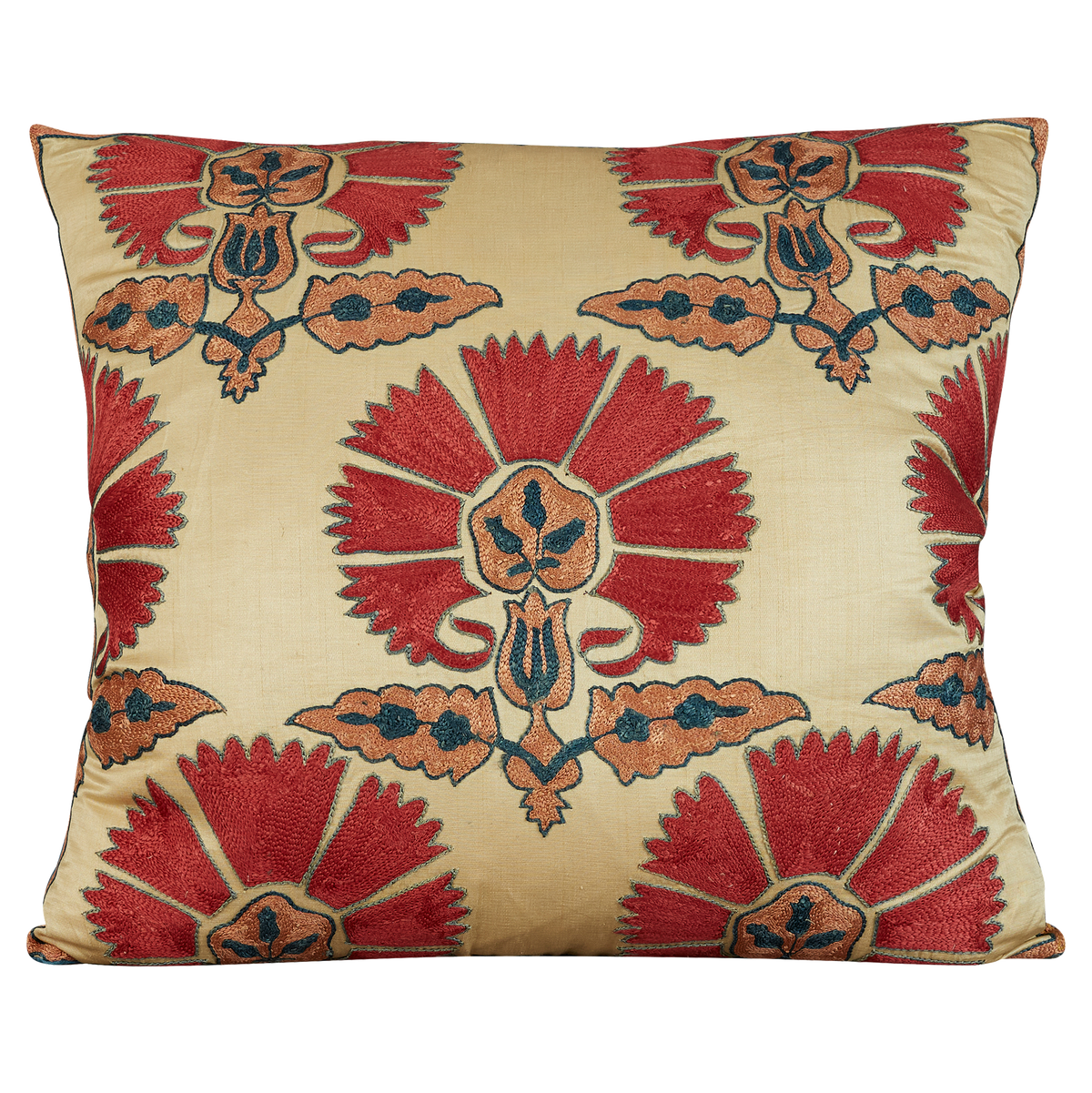 Square red carnation design suzani cushion with pink border and blue silk back
