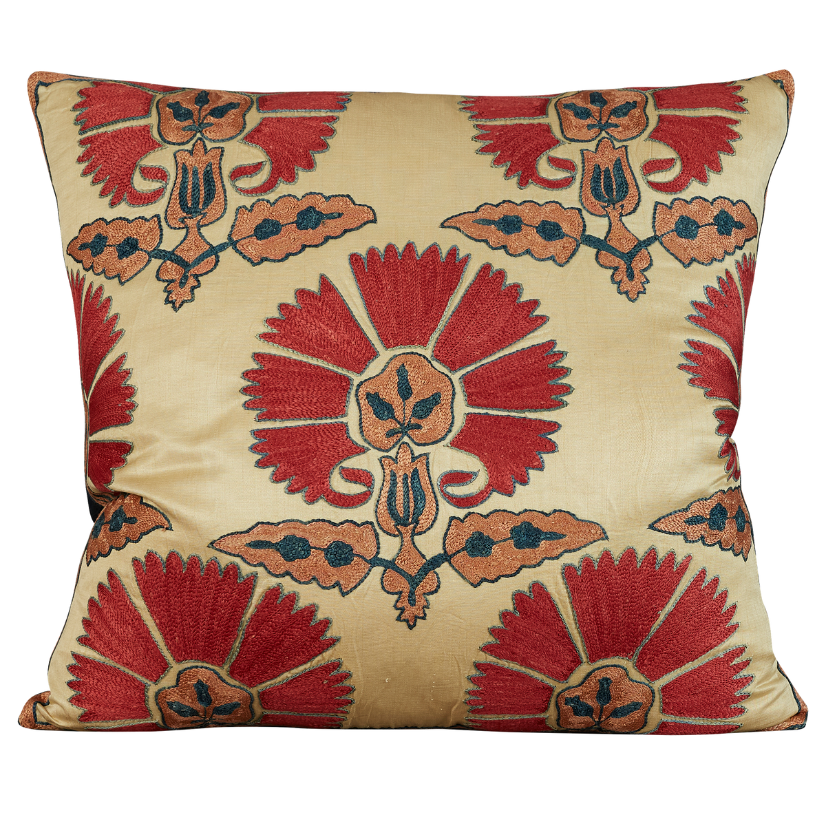 Square red carnation design suzani cushion with pink border and dark blue silk back