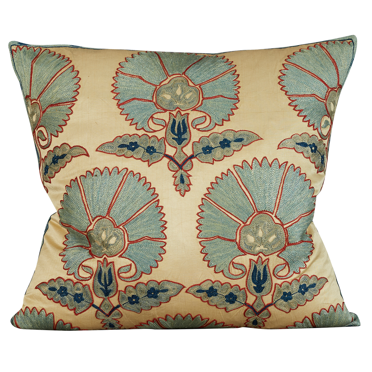 Square red and blue carnation design suzani with navy highlights and pale blue silk back