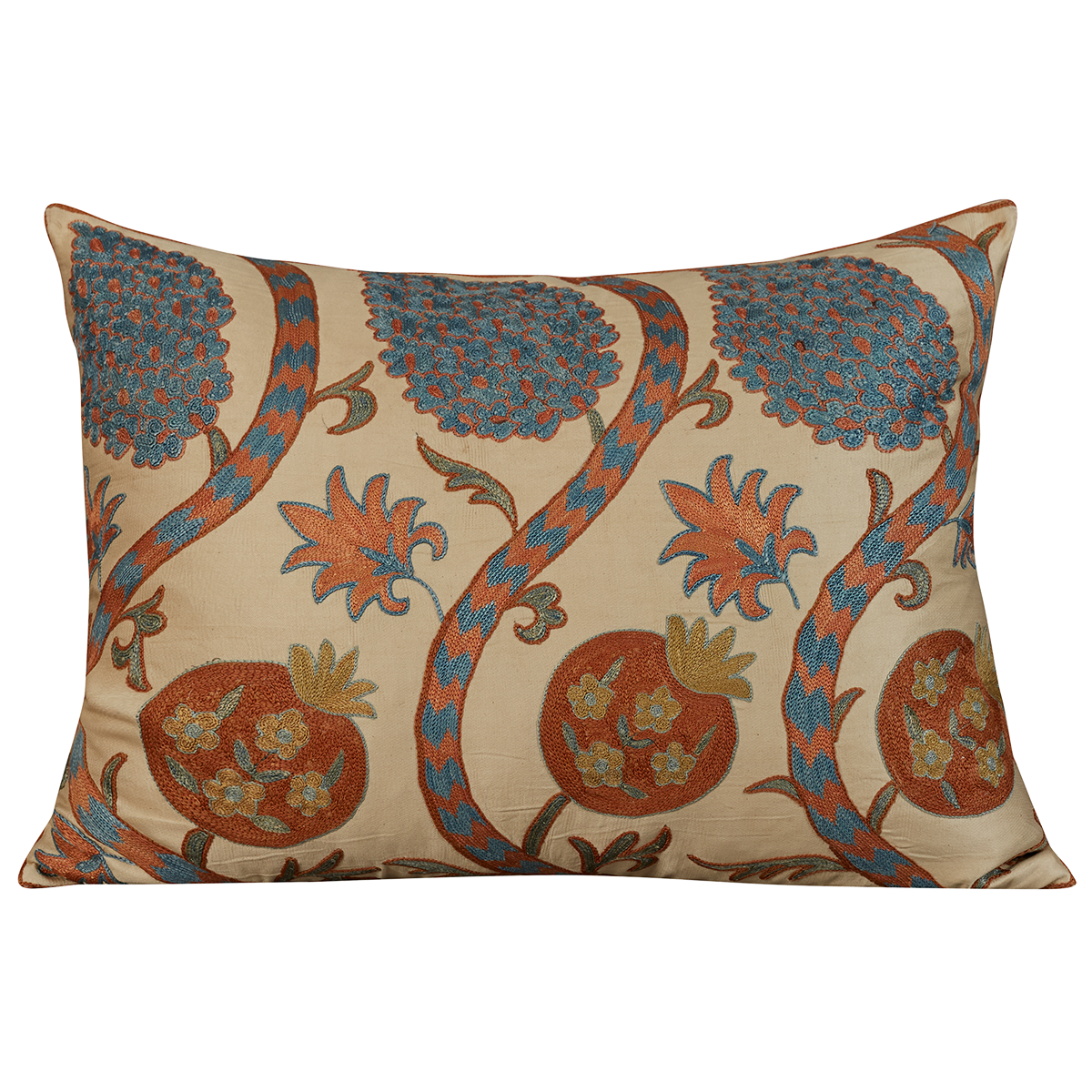 Rectangular silk suzani cushion with orange pomegranate design
