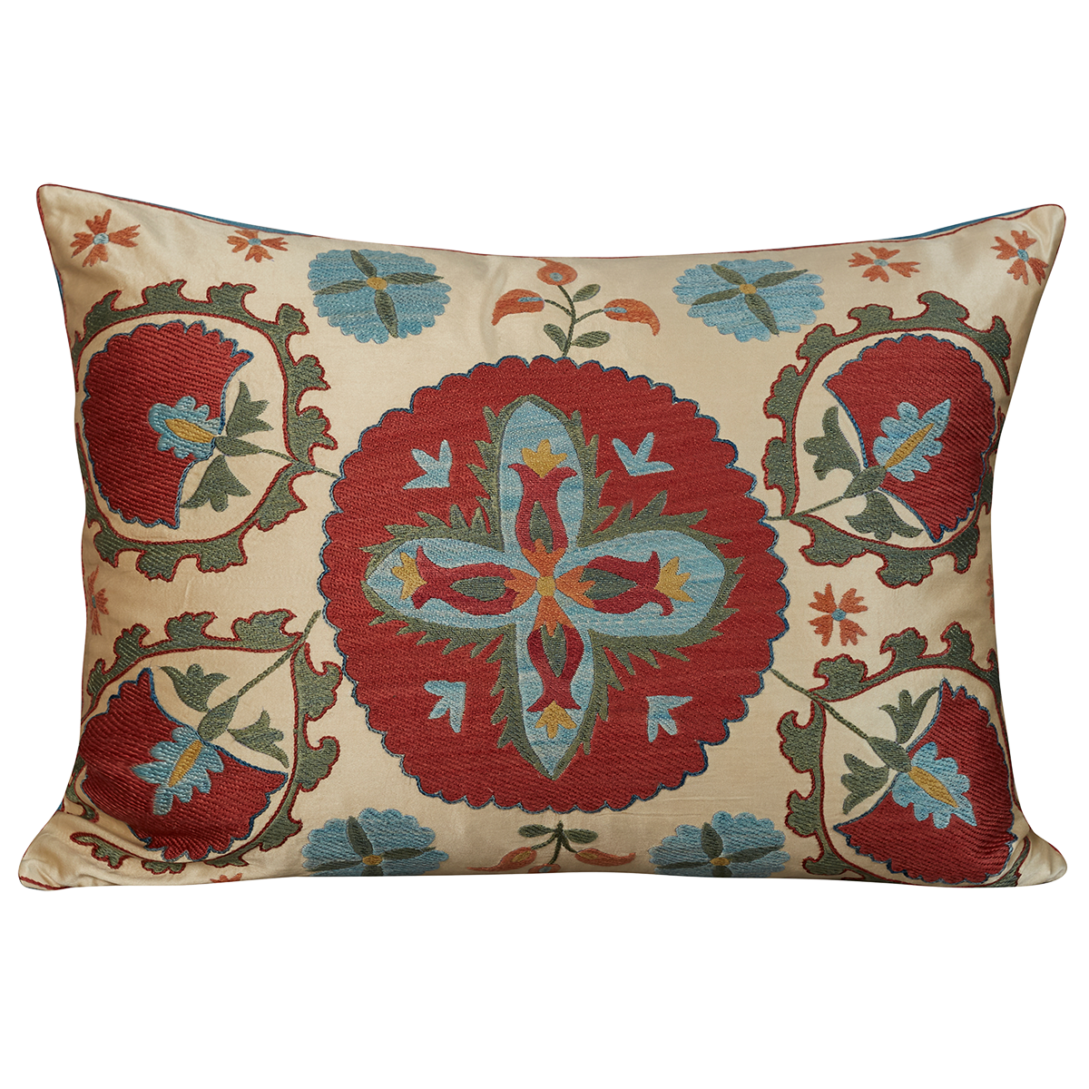 Rectangular silk suzani cushion with floral and Anatolian design