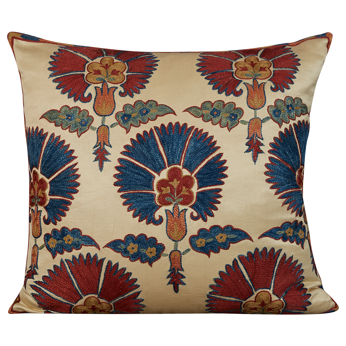 Square silk suzani cushion with red and blue carnation design
