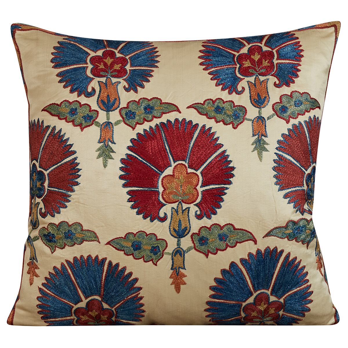 Square silk suzani cushion with red and blue carnation design and green silk back