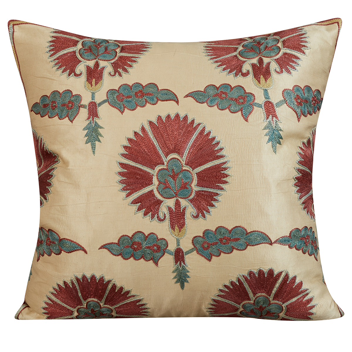 Square silk suzani cushion with oxblood carnation design and oxblood silk back
