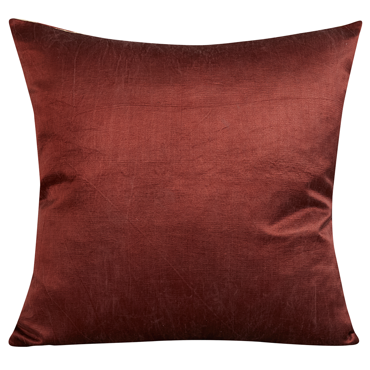 Square silk suzani cushion with oxblood carnation design and oxblood silk back