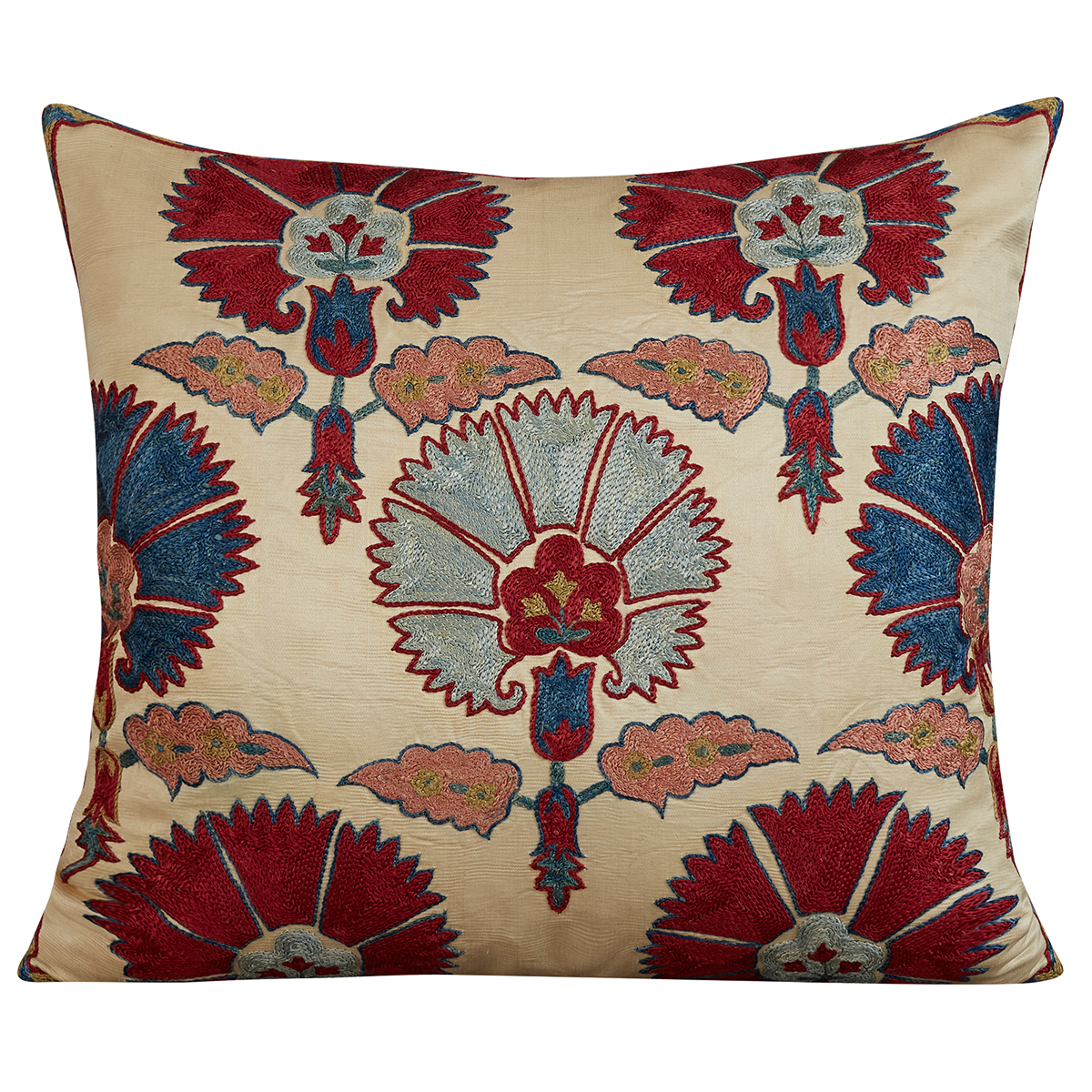 Square silk suzani cushion with pale blue and red carnation design