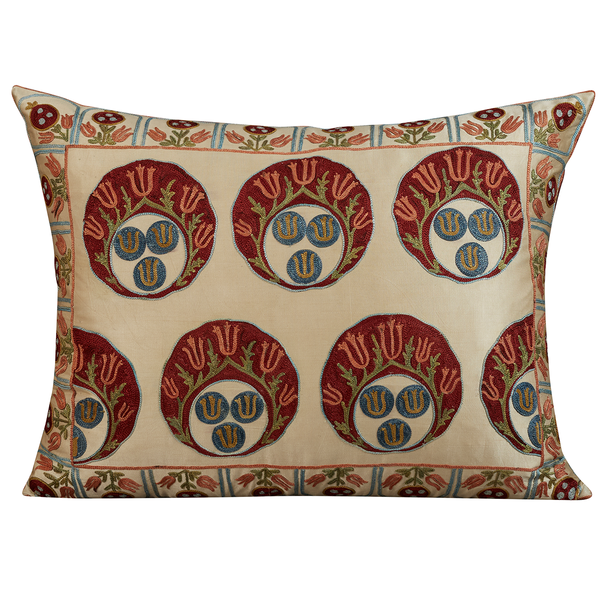 Rectangular silk suzani cushion with tulip motifs and scalloped border with oxblood silk back