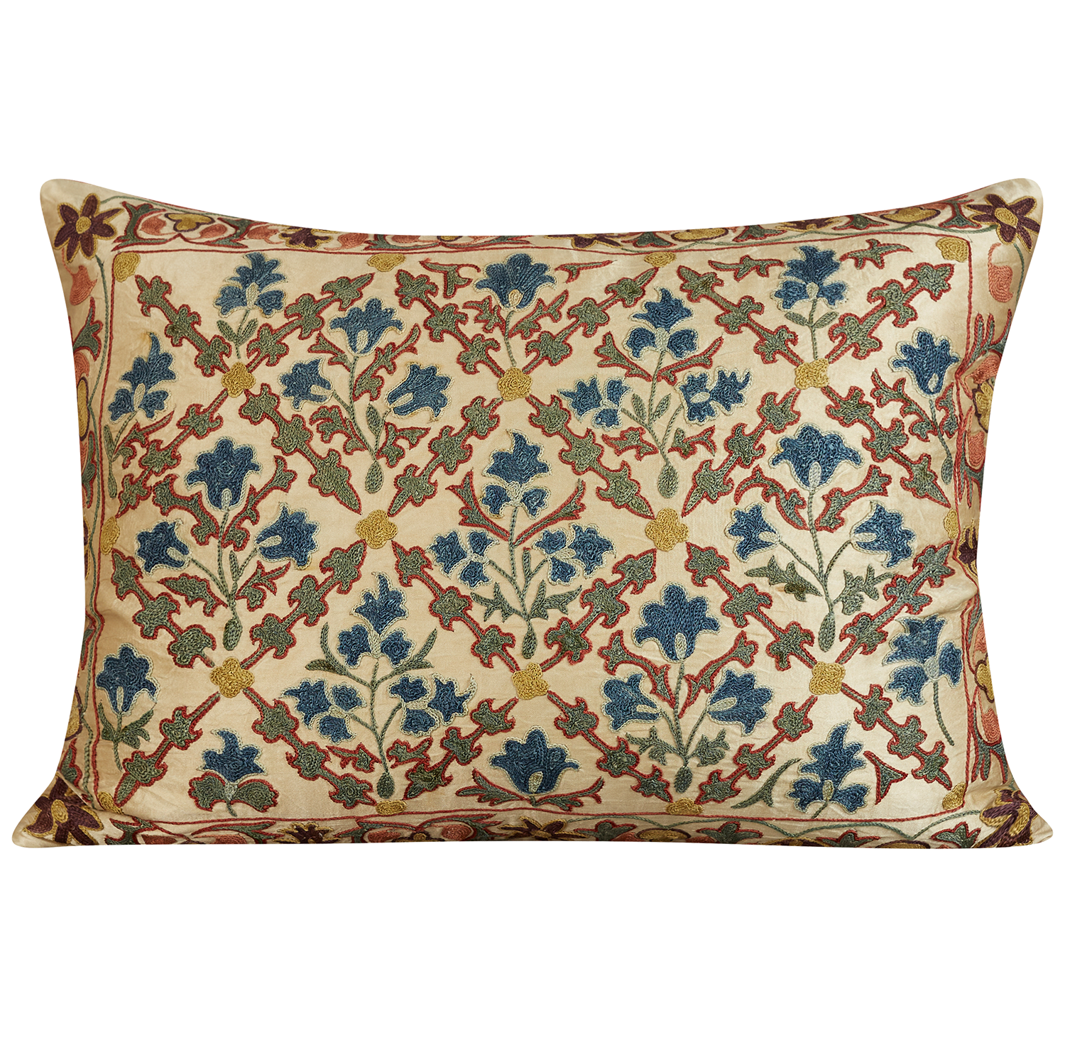 Rectangular blue and red floral trellis design suzani on cream ground