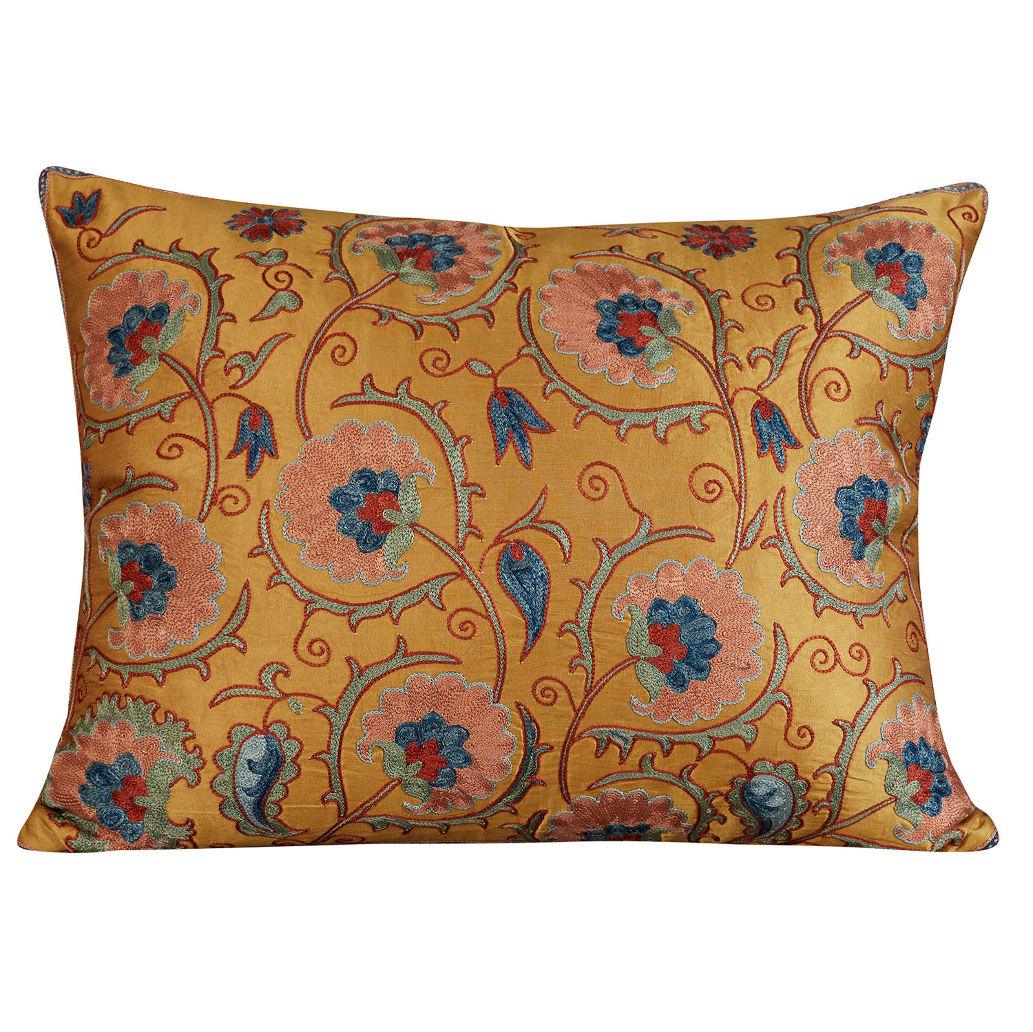 Rectangular carnation and vine design suzani on gold ground