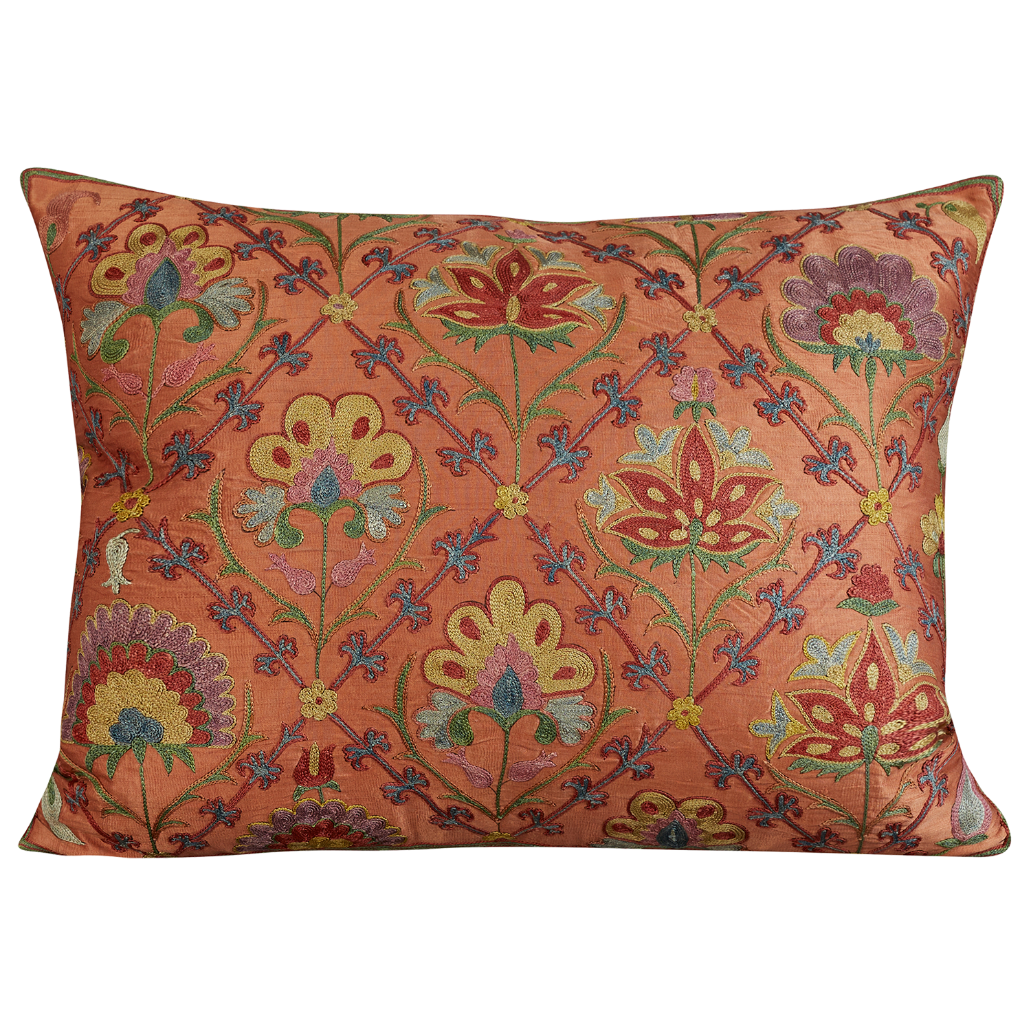 Rectangular floral lattice carnation design suzani on pink ground