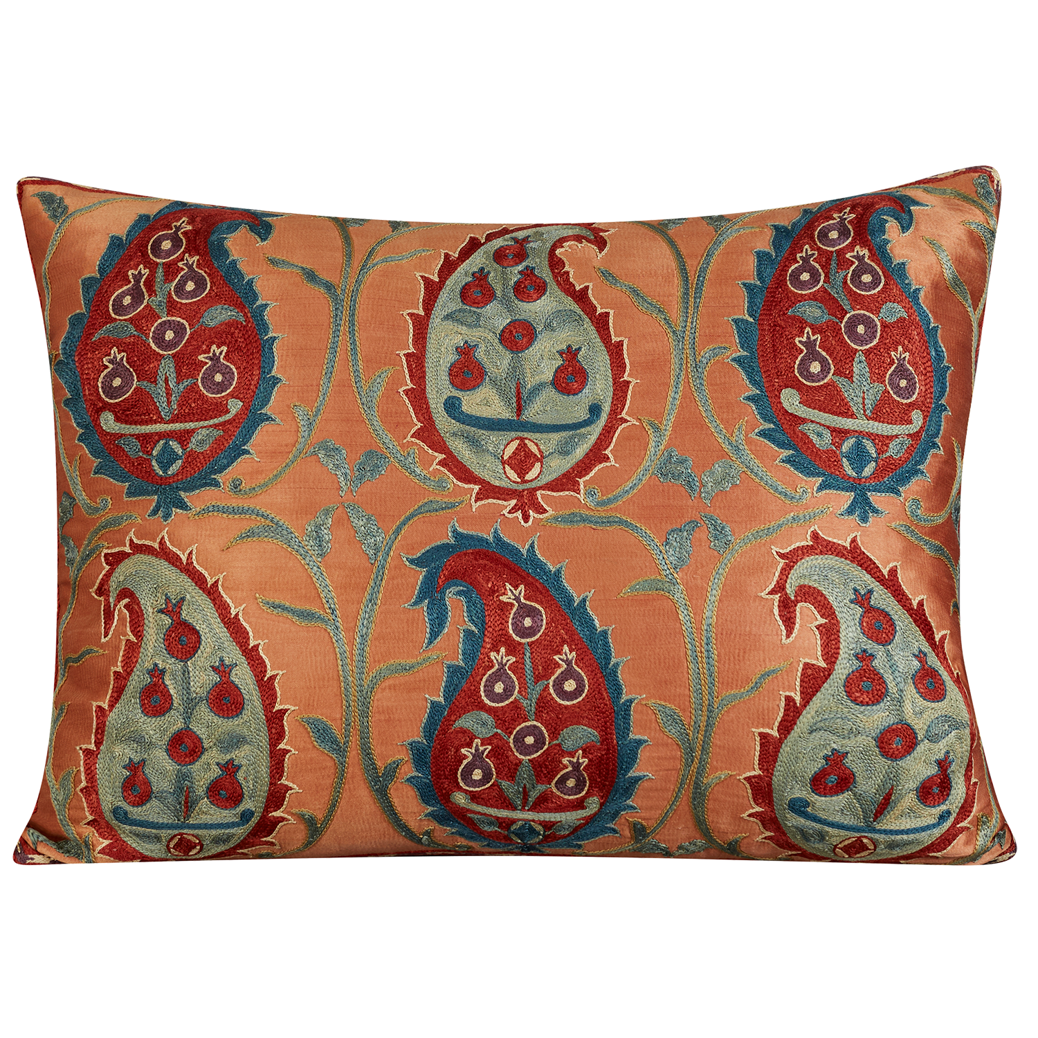 Rectangular red and blue paisley with vine design suzani on salmon pink ground