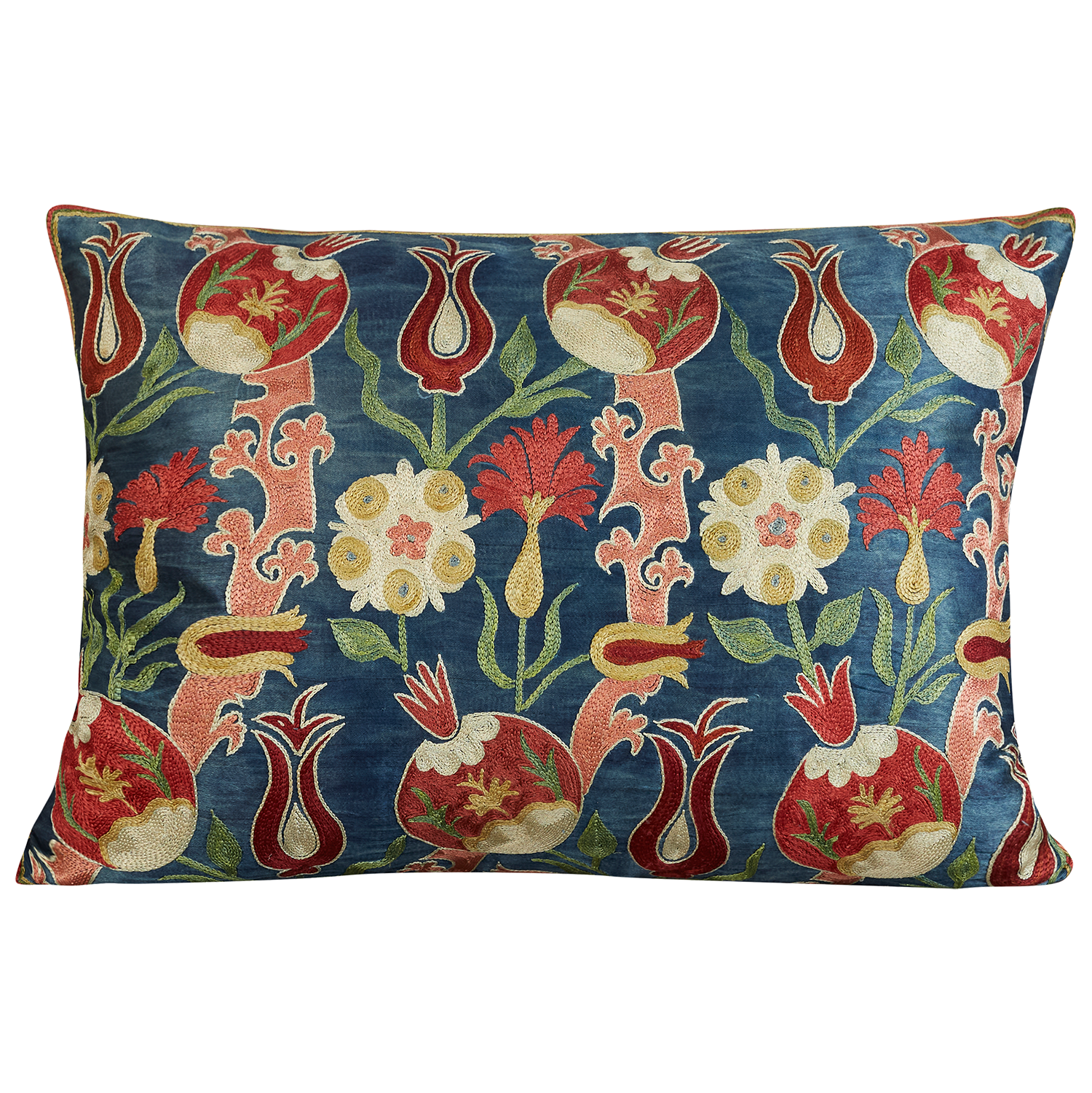 Rectangular floral red/pink pomegranate design suzani on dark blue ground