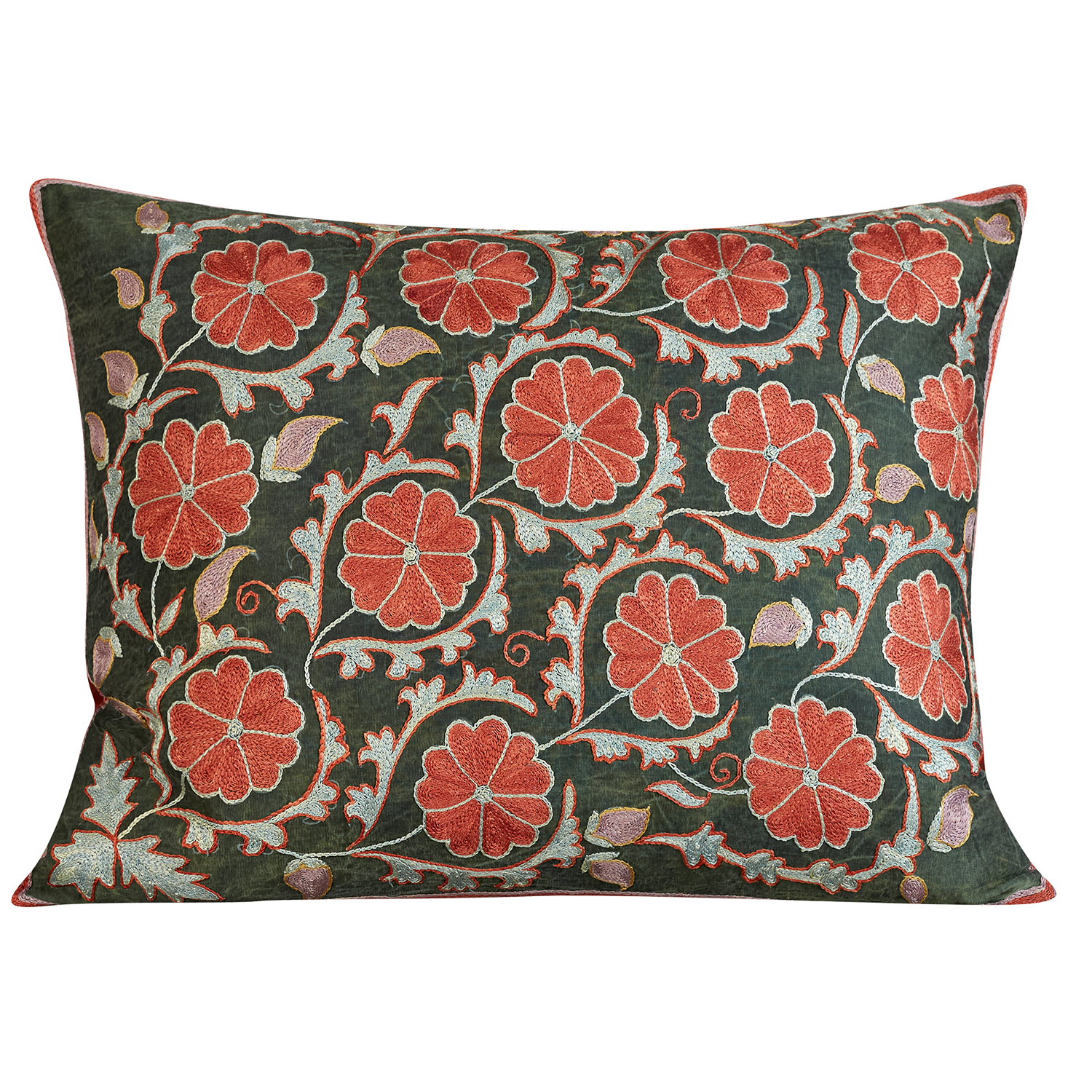 Rectangular simplified carnation design suzani on forest green ground