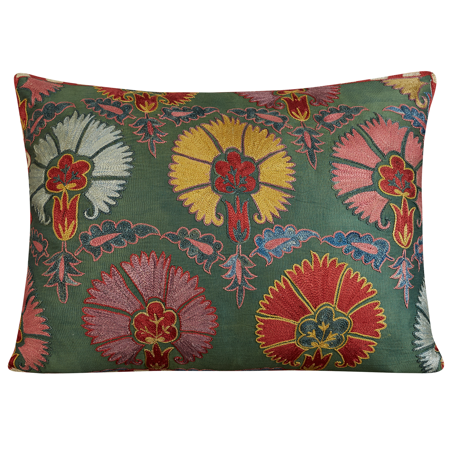 Rectangular multicoloured carnation design suzani on green ground