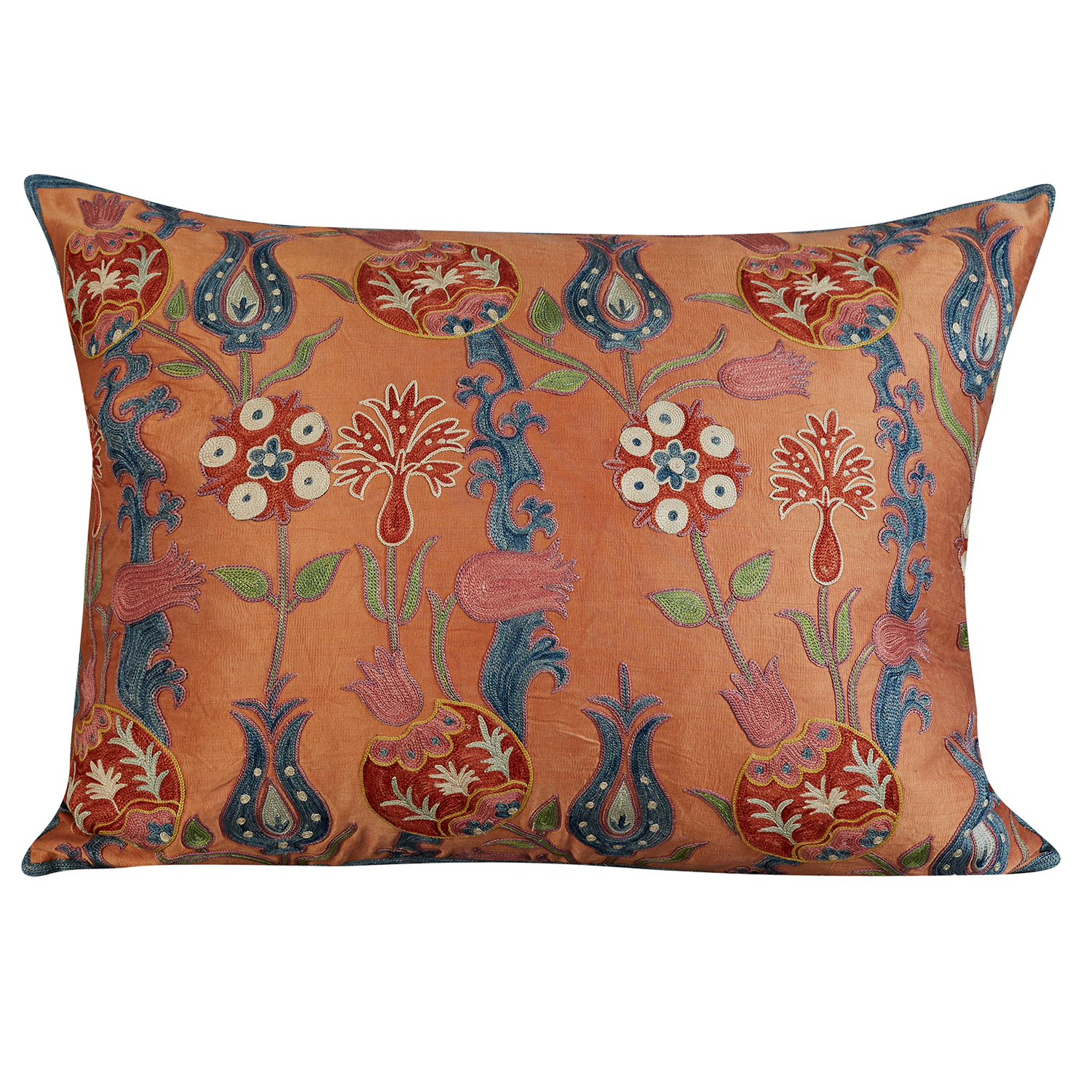 Rectangular red and pink pomegranate design suzani on salmon pink ground
