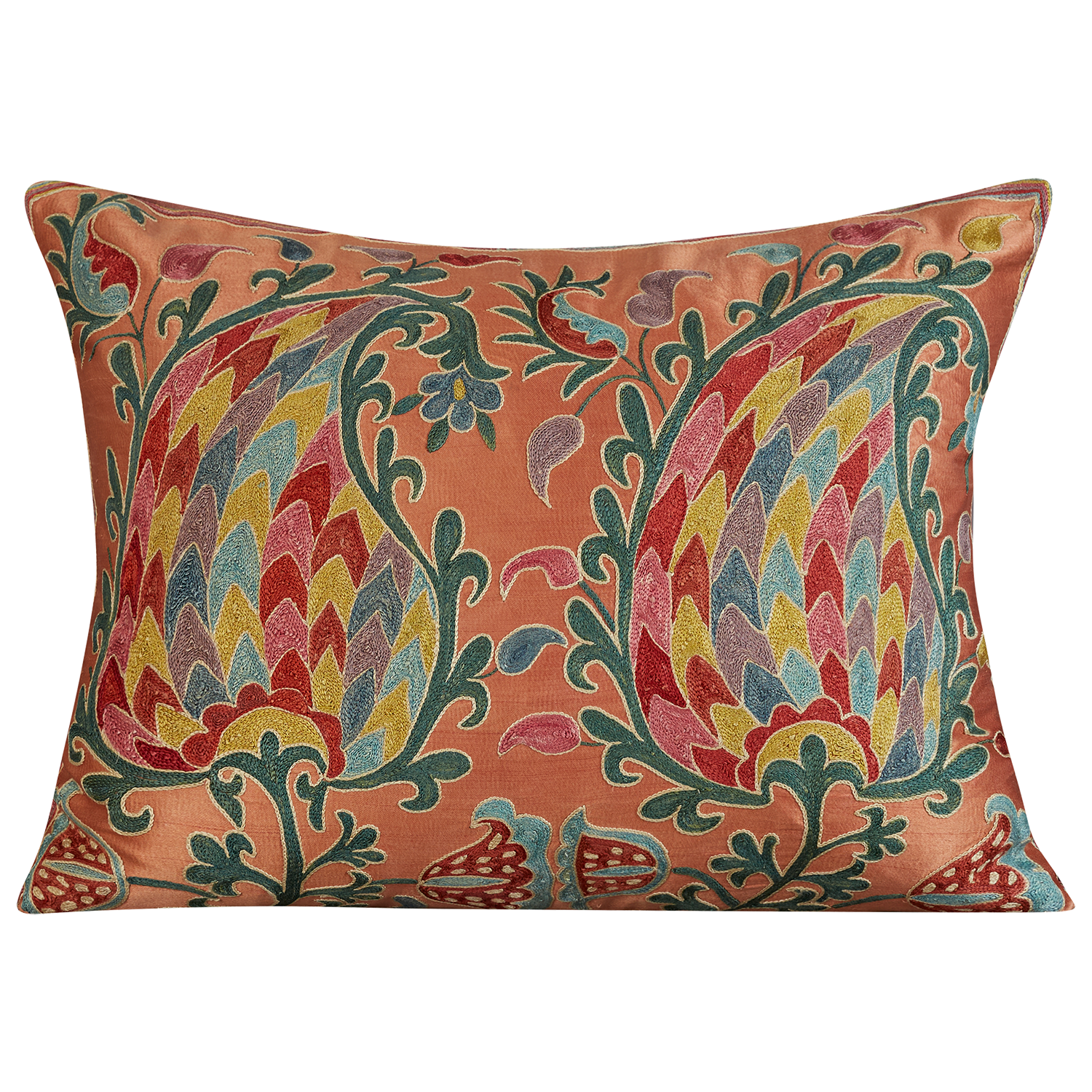 Rectangular multicoloured double paisley design suzani on dark pink salmon ground
