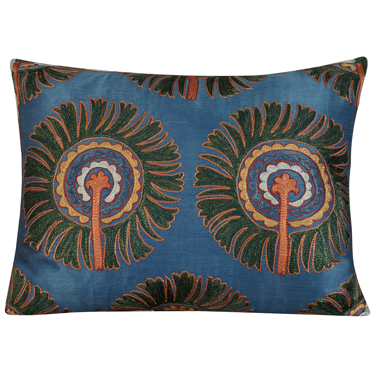 Rectangular sunburnt medallion design suzani on blue ground