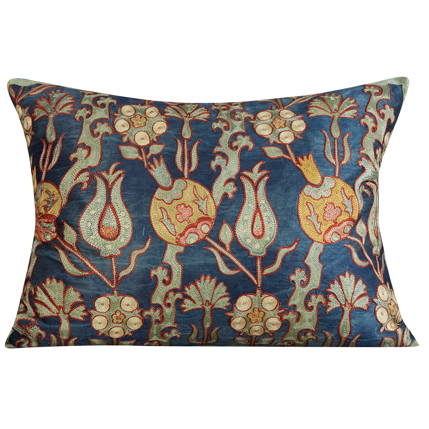 Rectangular olive/blue pomegranate design suzani on midnight blue ground