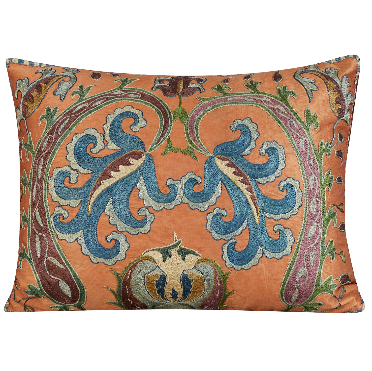 Rectangular aubergine/dusky violet paisley scrolling floral design suzani on coral ground