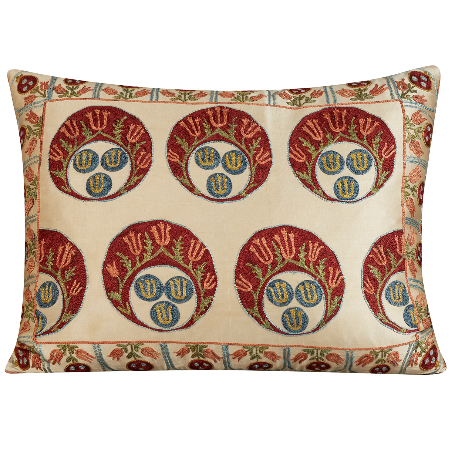 Rectangular medallion, tulip, and pomegranate design suzani on cream ground