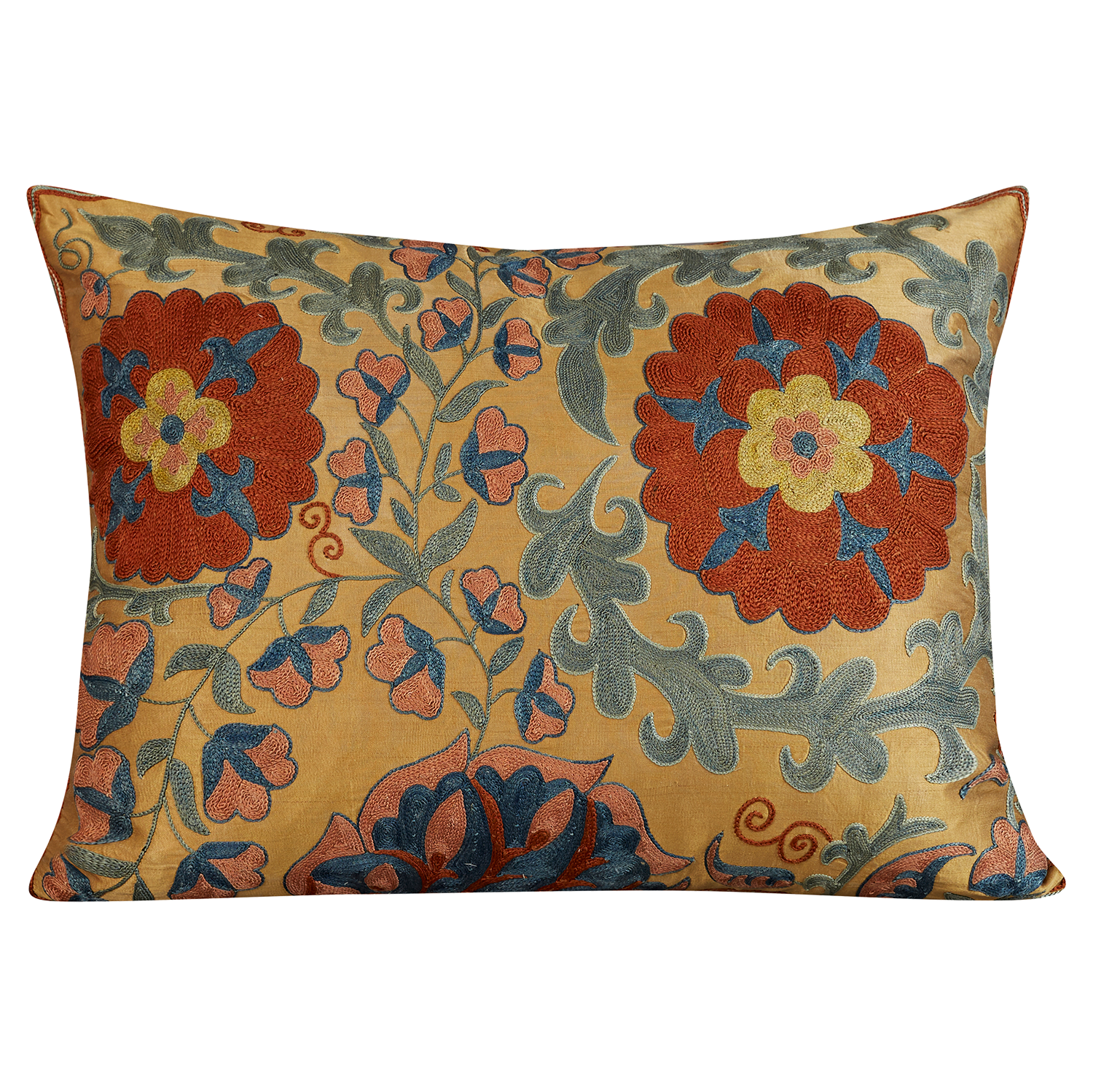 Rectangular rose, and tulip bud floral vine design suzani on gold ground
