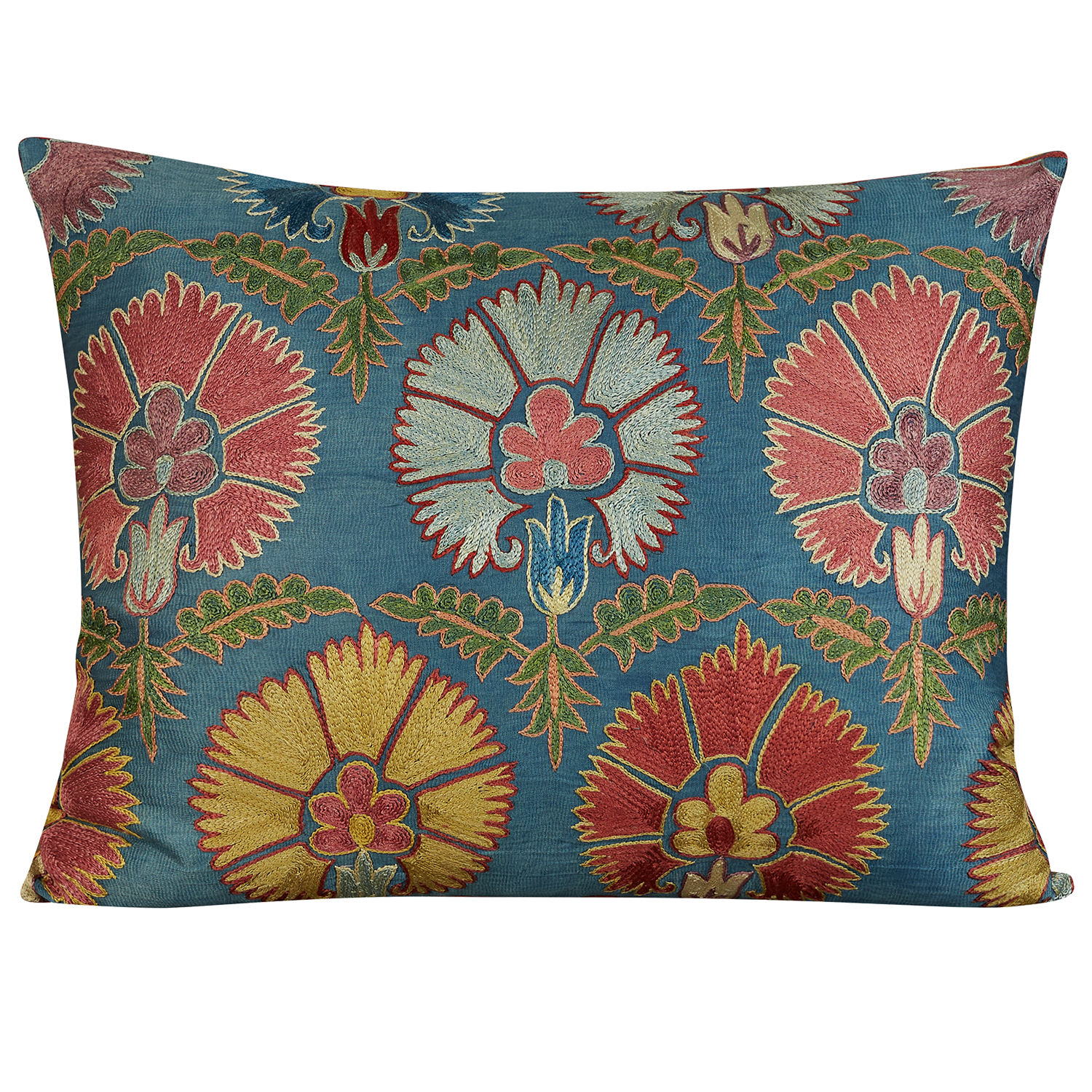 Rectangular blue red and pink carnation design suzani on blue ground