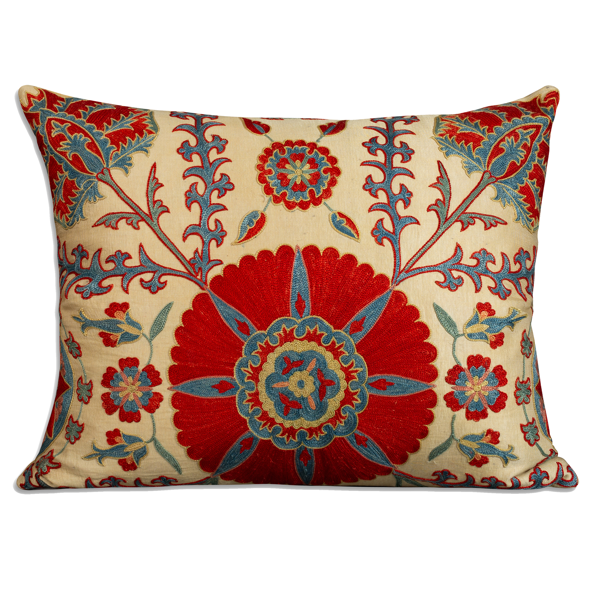 Rectangular silk suzani embroidered cushion on pale cream ground cushion - pillow